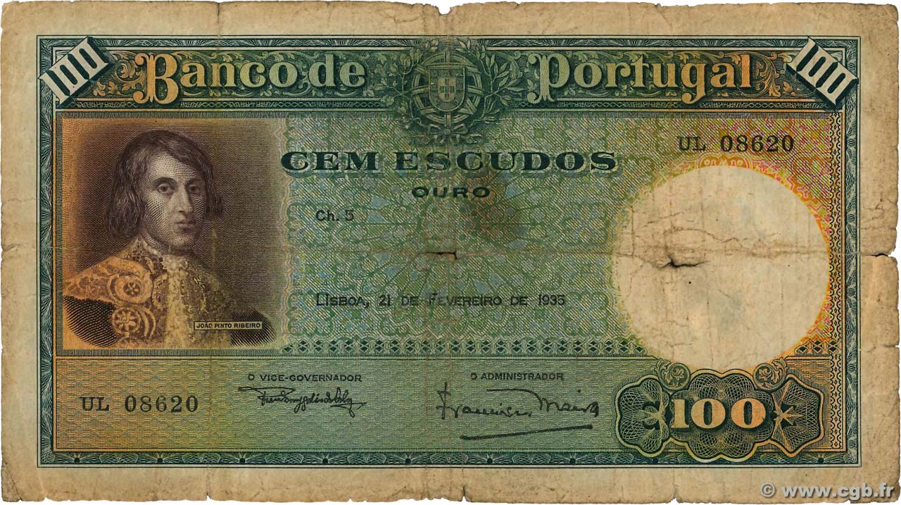 100 Escudos PORTUGAL  1935 P.150 fSGE