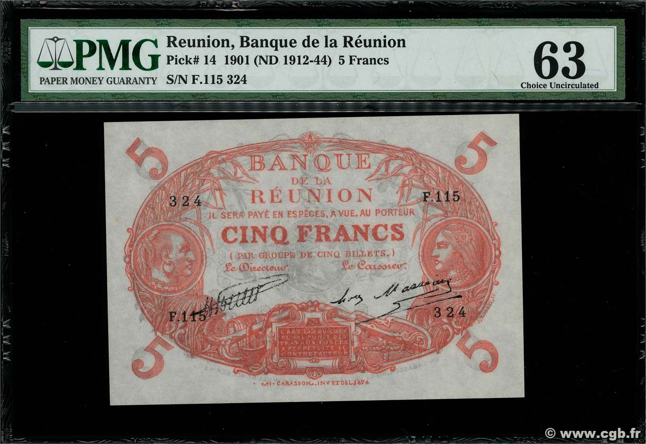 5 Francs Cabasson rouge REUNION ISLAND  1930 P.14 UNC-