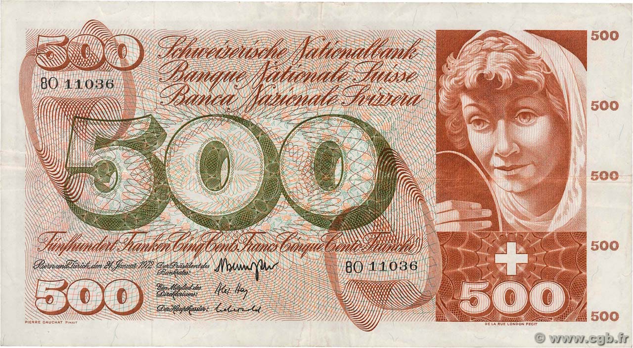500 Francs SWITZERLAND  1972 P.51j VF-