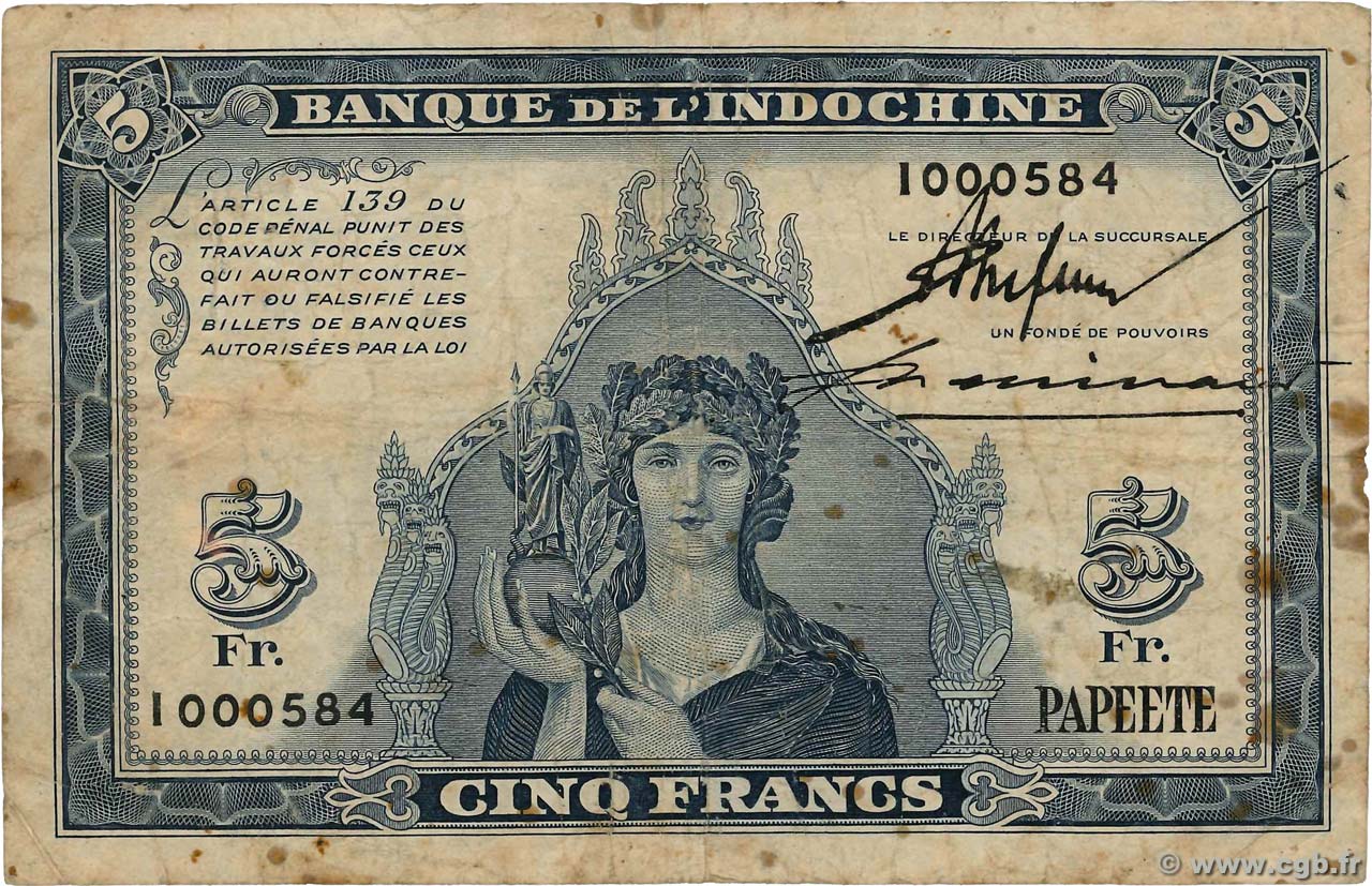 5 Francs TAHITI  1944 P.19a S