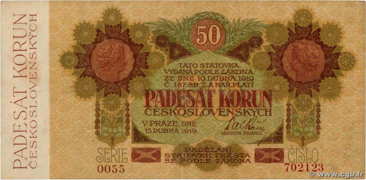 50 Korun CZECHOSLOVAKIA  1919 P.010a VF