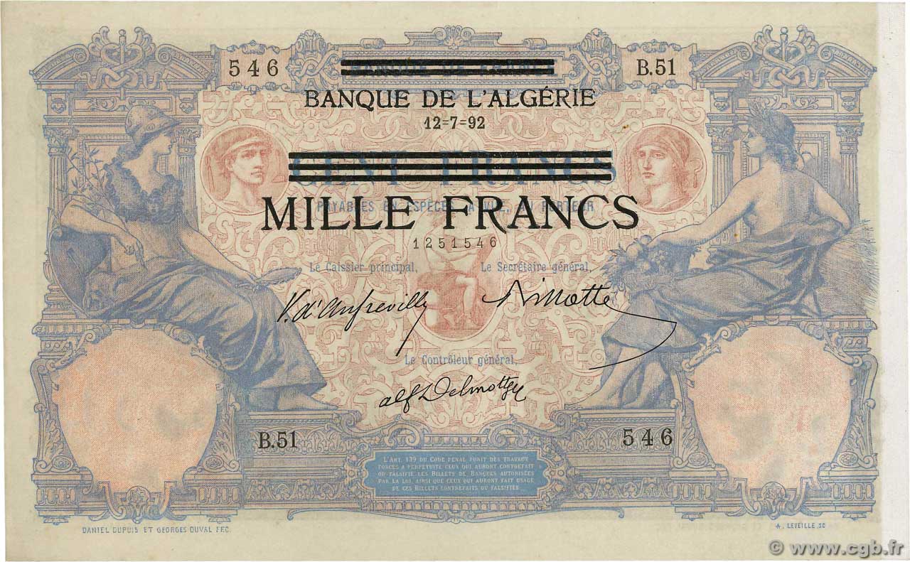 1000 Francs sur 100 Francs TúNEZ  1892 P.31 SC+