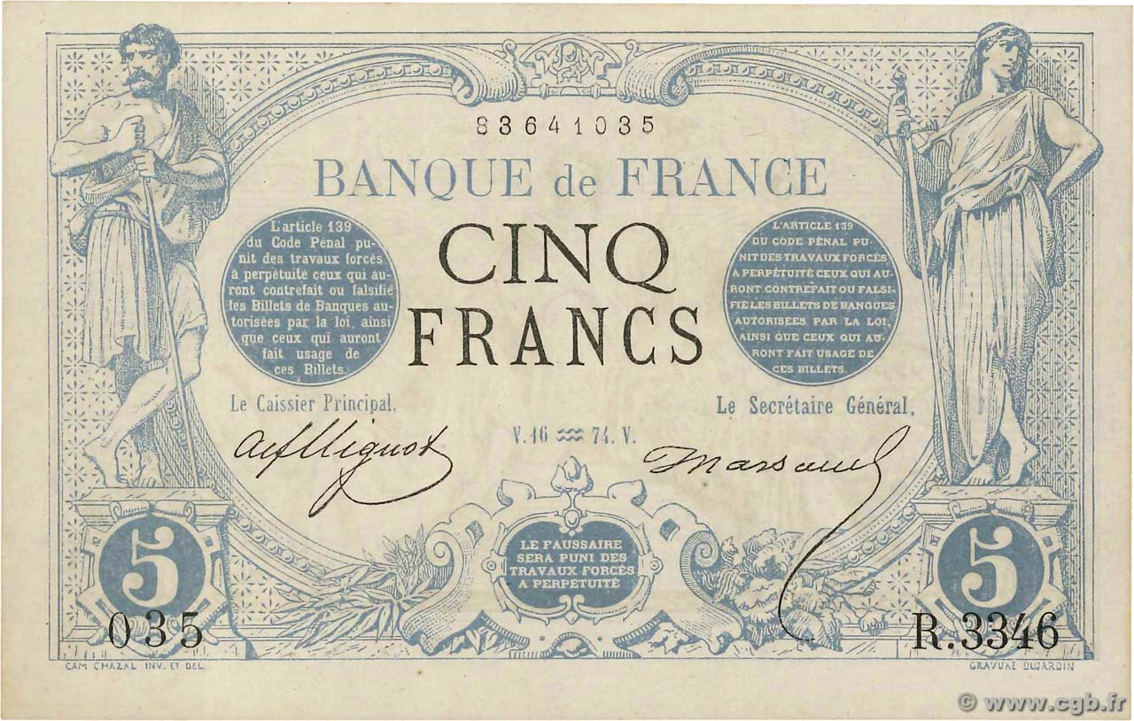5 Francs NOIR FRANCE  1874 F.01.25 AU