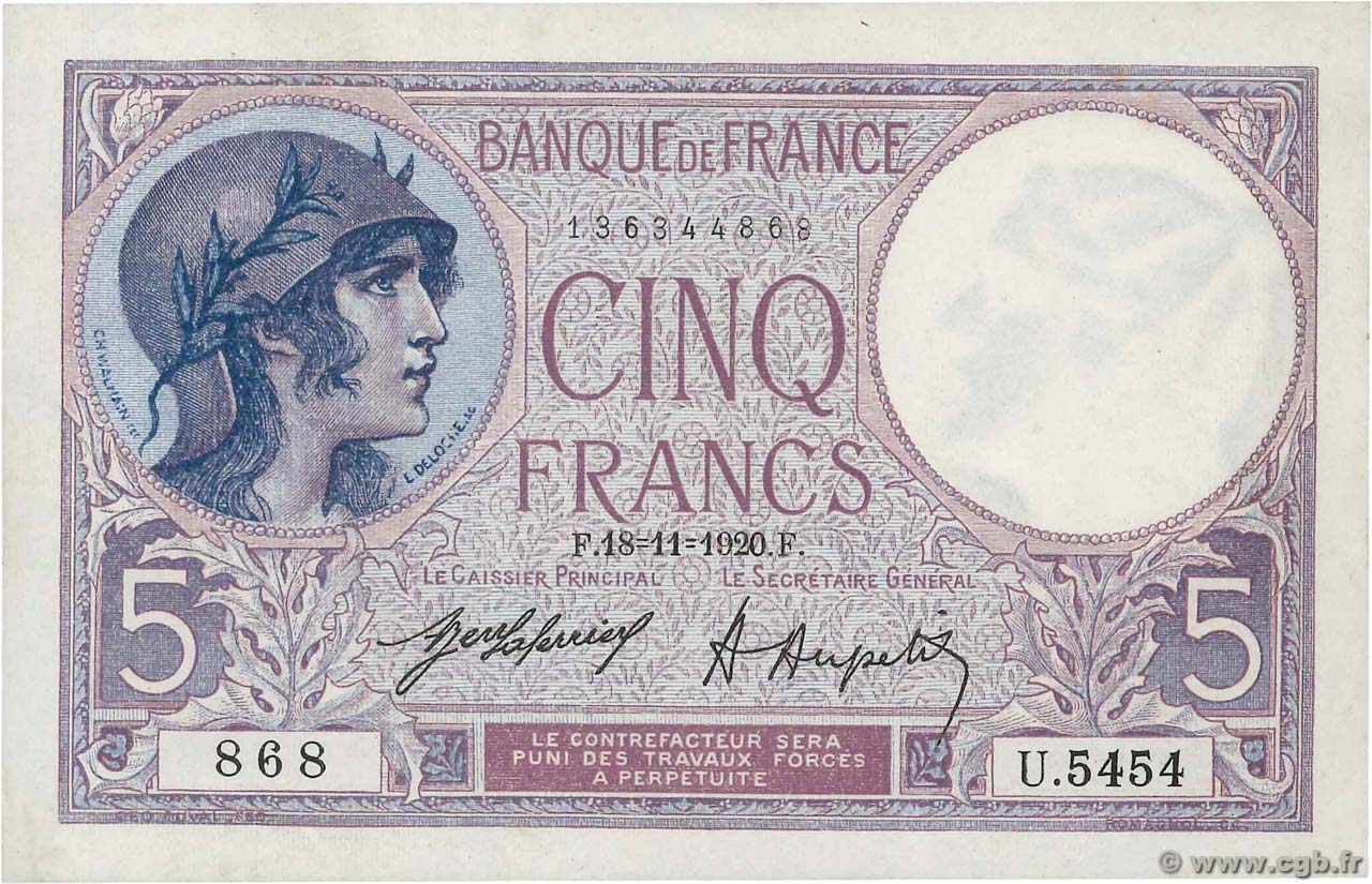 5 Francs FEMME CASQUÉE FRANCE  1920 F.03.04 XF