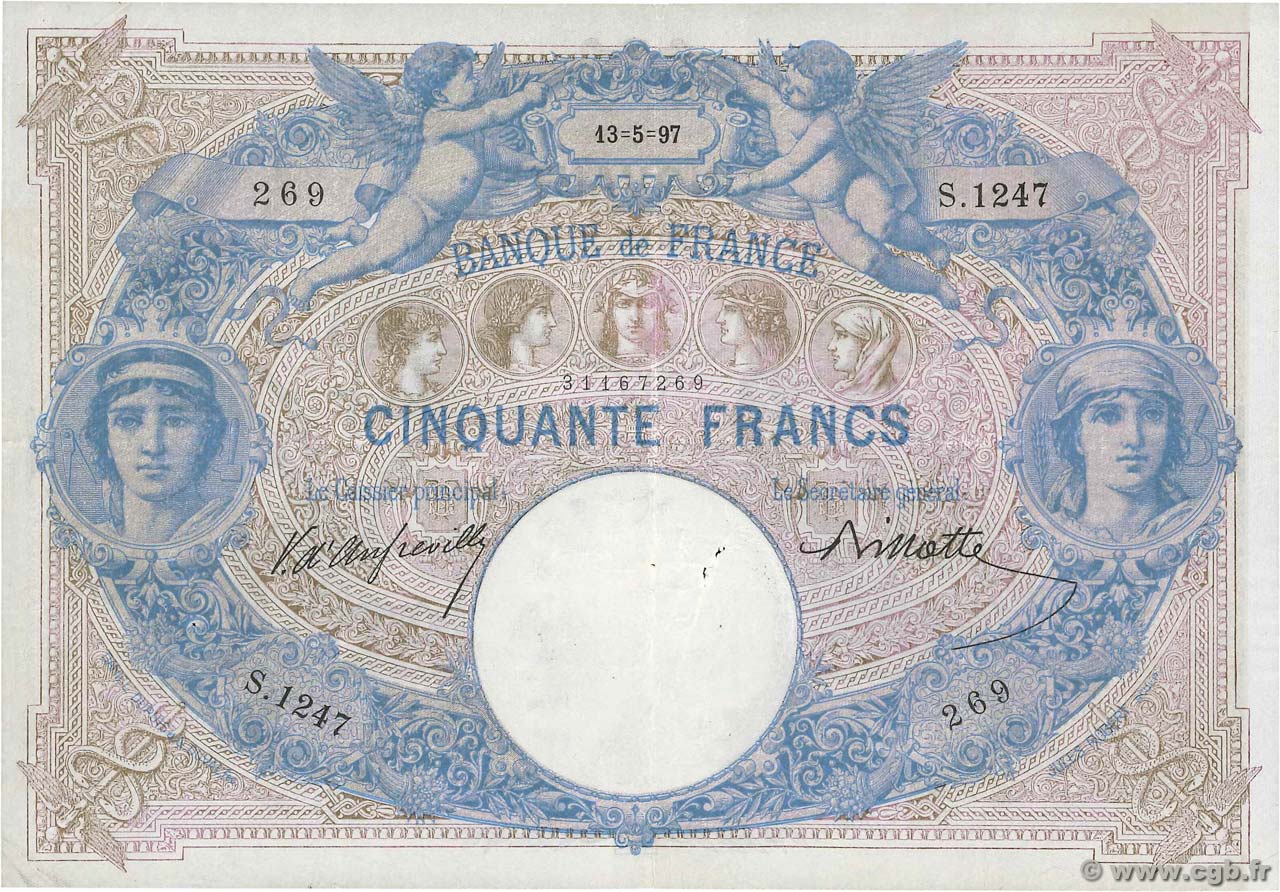 50 Francs BLEU ET ROSE FRANCE  1897 F.14.09 VF