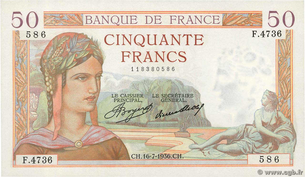 50 Francs CÉRÈS FRANCE  1936 F.17.28 SUP à SPL