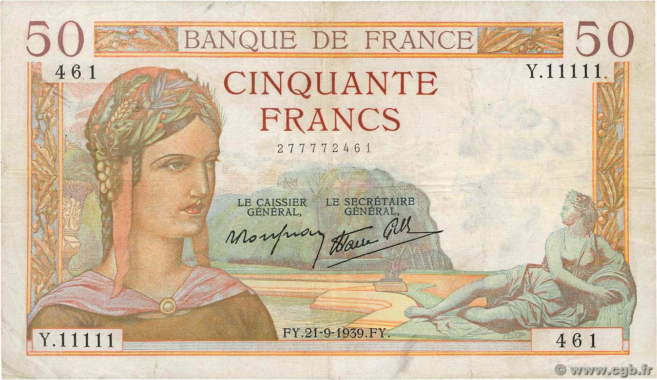 50 Francs CÉRÈS modifié Numéro spécial FRANCIA  1939 F.18.31 q.BB