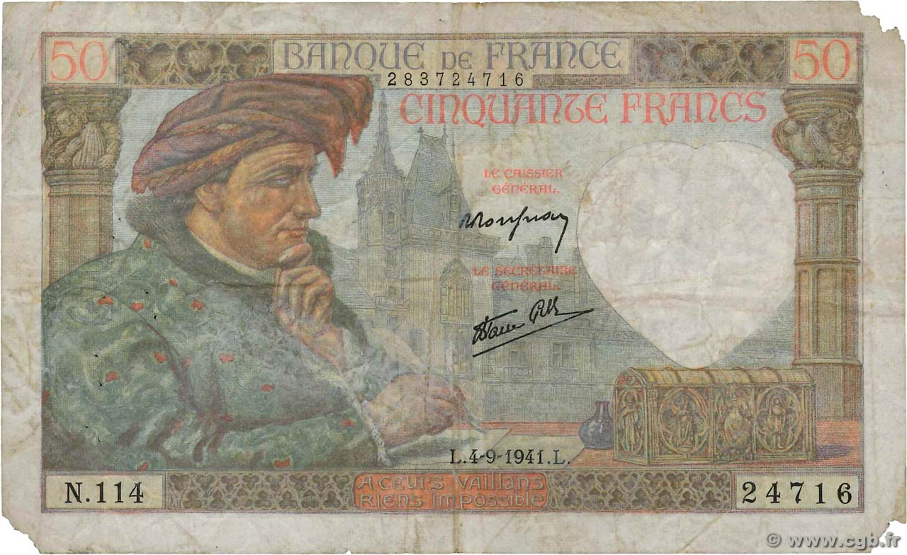 50 Francs JACQUES CŒUR FRANCE  1941 F.19.13 AB