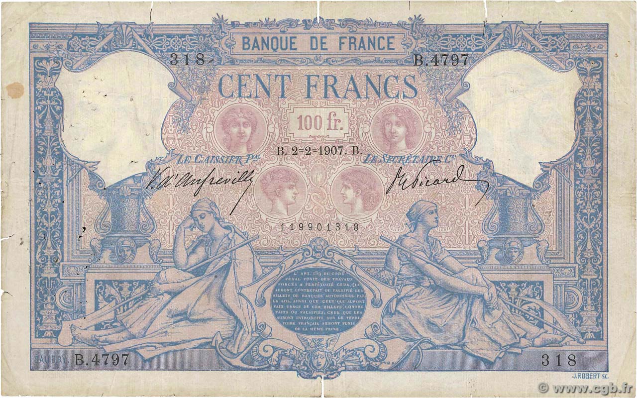 100 Francs BLEU ET ROSE FRANCE  1907 F.21.21 B+
