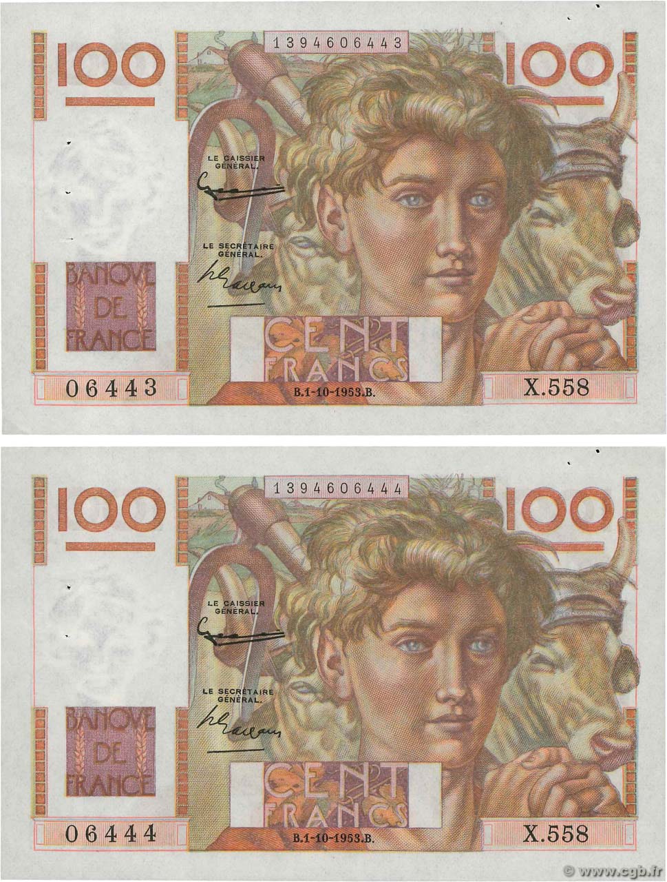 100 Francs JEUNE PAYSAN filigrane inversé Consécutifs FRANKREICH  1953 F.28bis.03 VZ