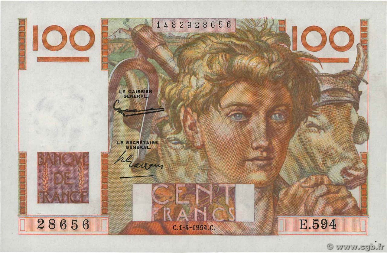 100 Francs JEUNE PAYSAN filigrane inversé FRANCIA  1954 F.28bis.06 AU