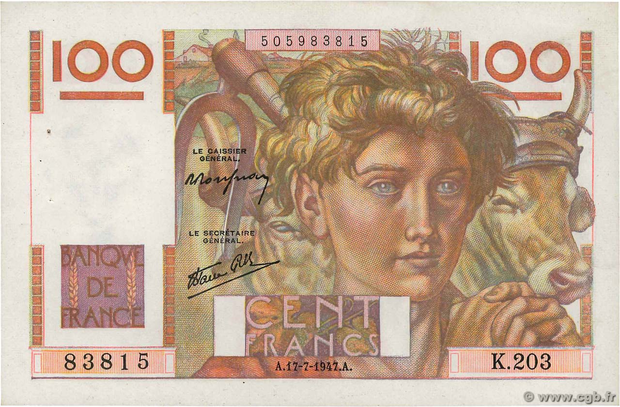 100 Francs JEUNE PAYSAN Favre-Gilly FRANCIA  1947 F.28ter.01 EBC+