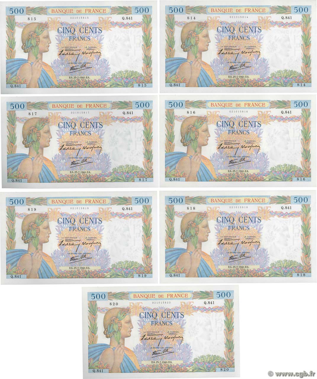 500 Francs LA PAIX Consécutifs FRANCIA  1940 F.32.05 SC+