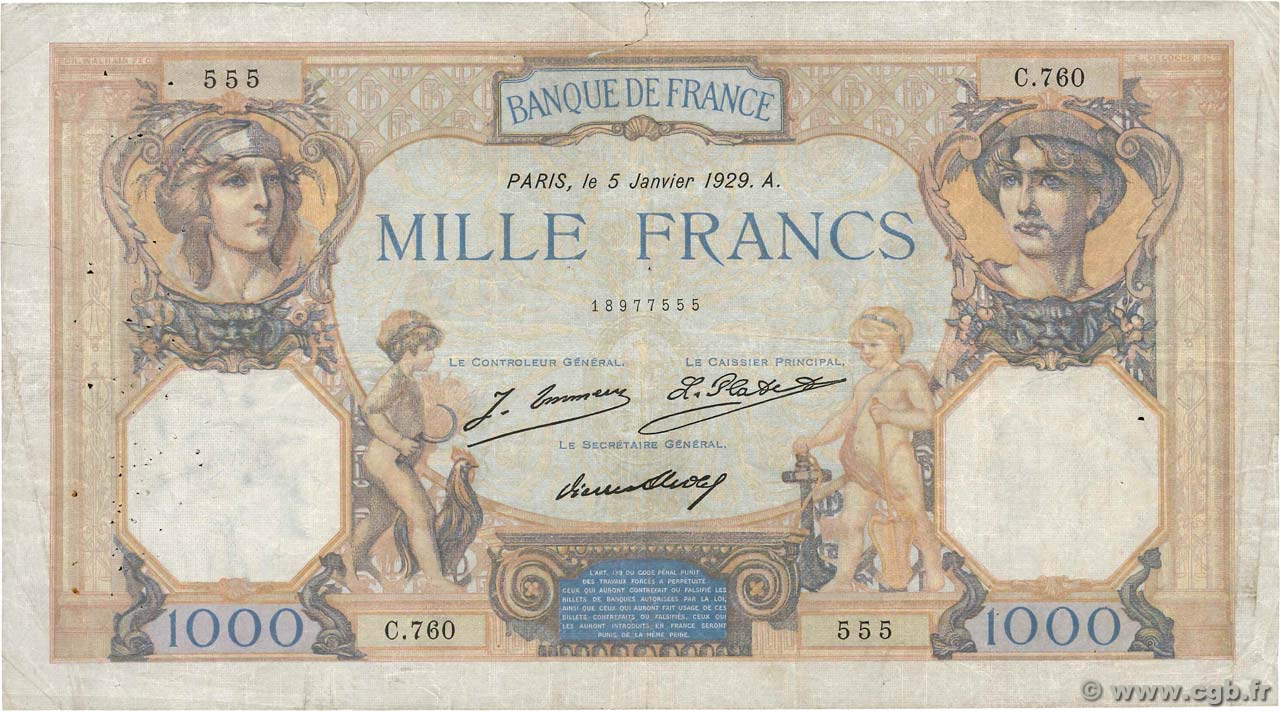 1000 Francs CÉRÈS ET MERCURE FRANCIA  1929 F.37.03 BC