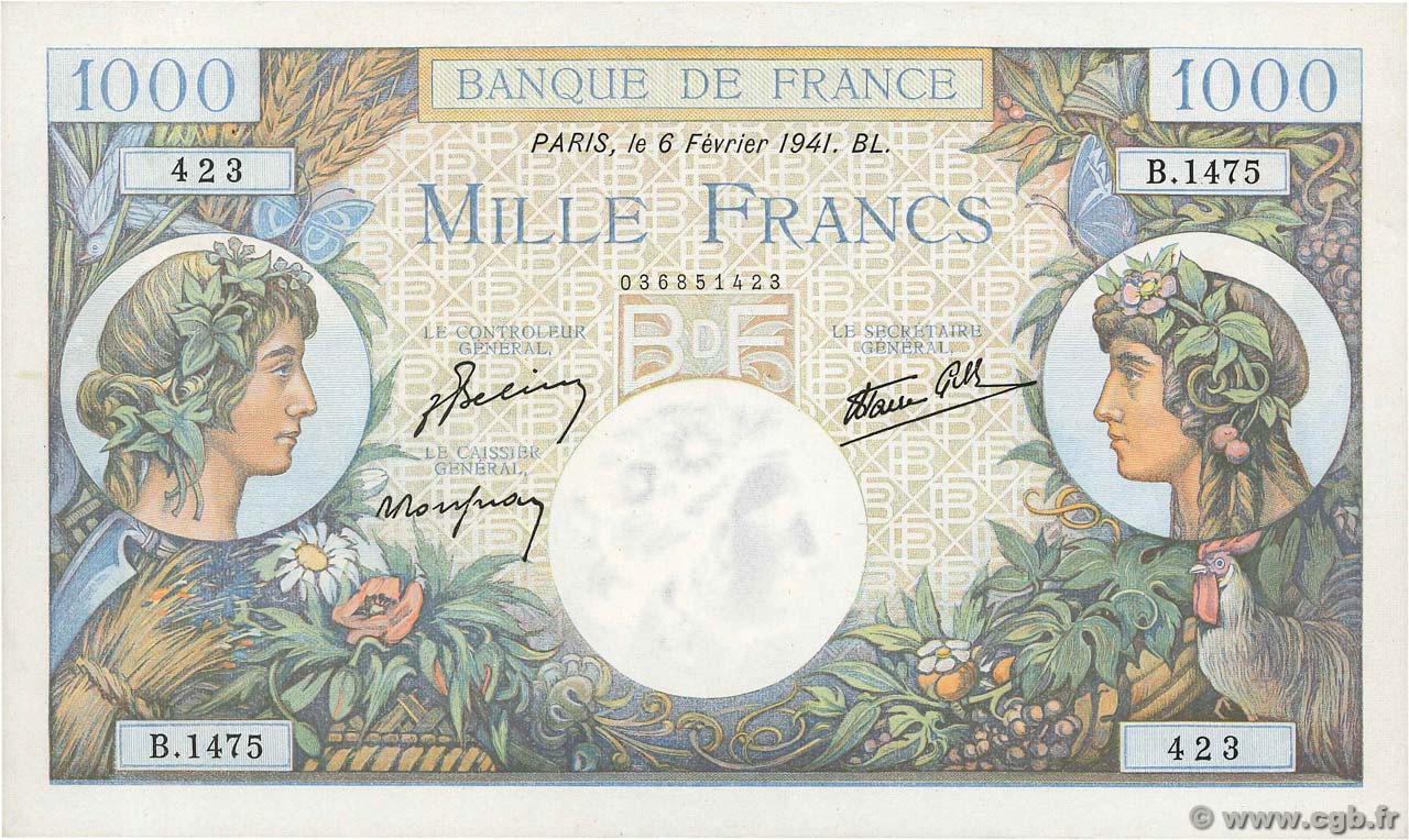 1000 Francs COMMERCE ET INDUSTRIE FRANCIA  1941 F.39.04 AU