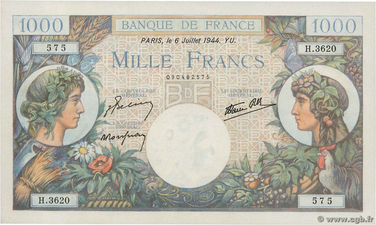1000 Francs COMMERCE ET INDUSTRIE FRANKREICH  1944 F.39.10 VZ+