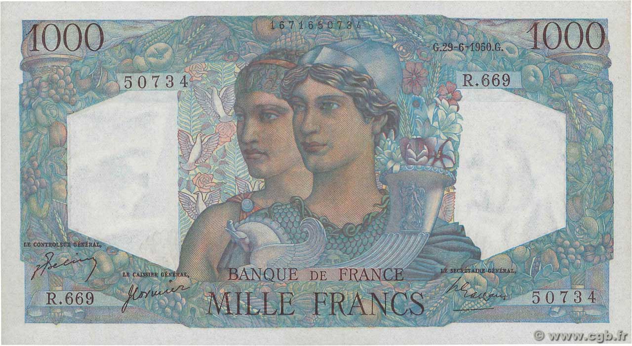 1000 Francs MINERVE ET HERCULE FRANCE  1950 F.41.33 UNC-
