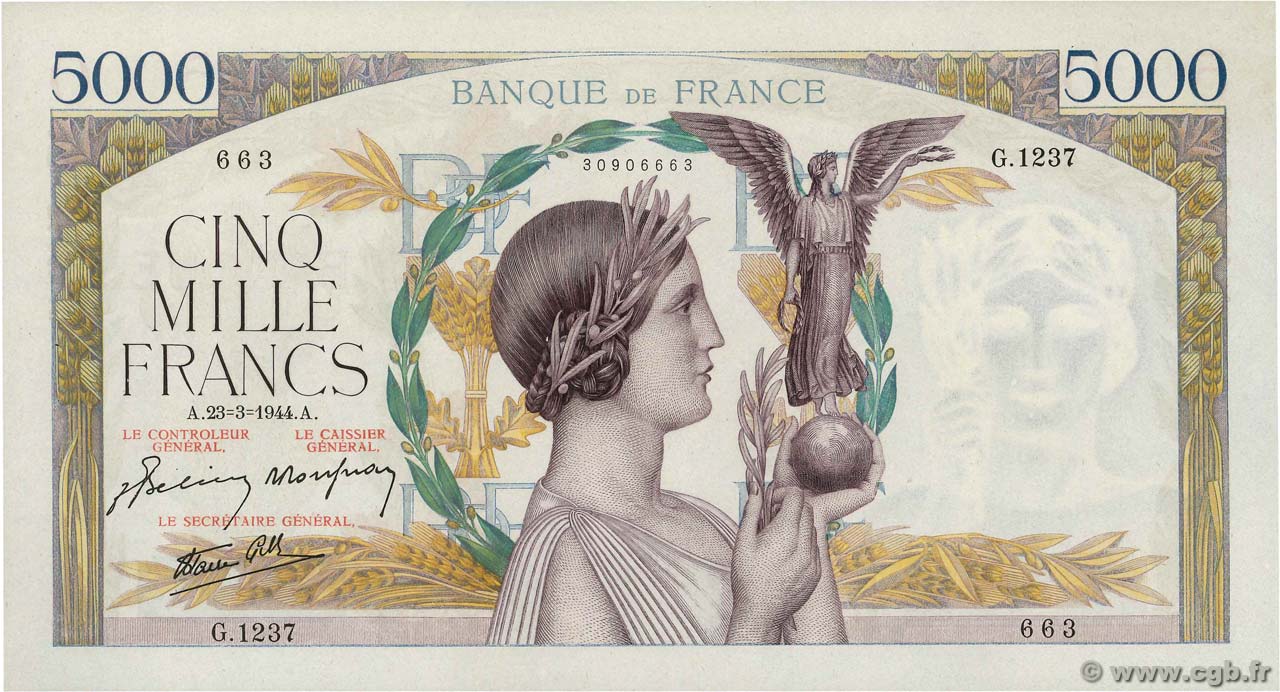 5000 Francs VICTOIRE Impression à plat FRANCE  1944 F.46.50 SPL