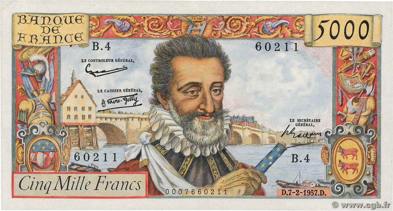 5000 Francs HENRI IV FRANCE  1957 F.49.01 SUP+