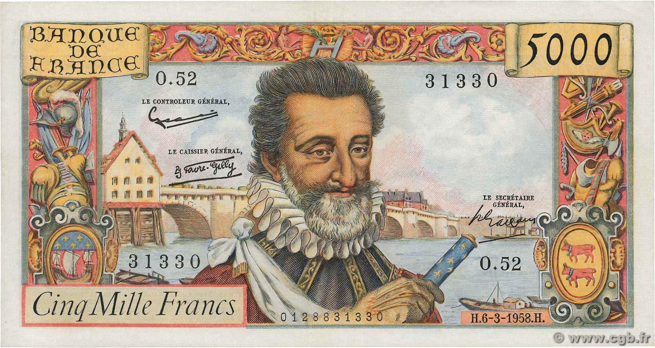 5000 Francs HENRI IV FRANCIA  1958 F.49.06 SPL