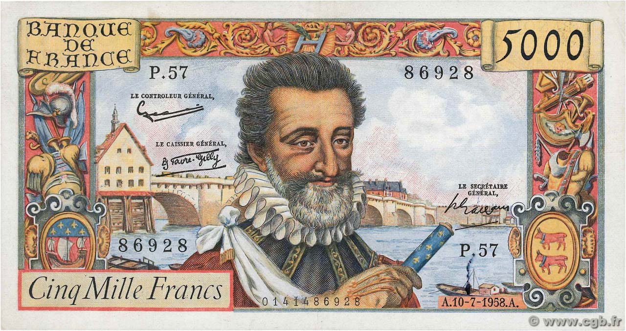 5000 Francs HENRI IV FRANCE  1958 F.49.07 pr.TTB