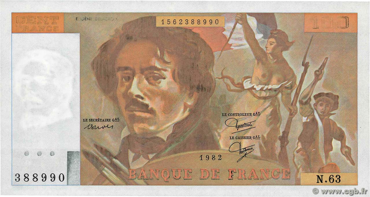 100 Francs DELACROIX modifié Fauté FRANCE  1982 F.69.06 TTB