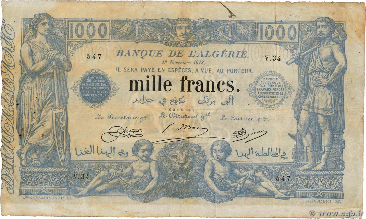 1000 Francs ALGERIEN  1918 P.076b S