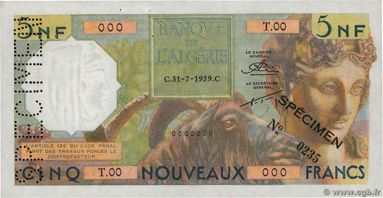 5 Nouveaux Francs Spécimen ALGÉRIE  1959 P.118s pr.SUP