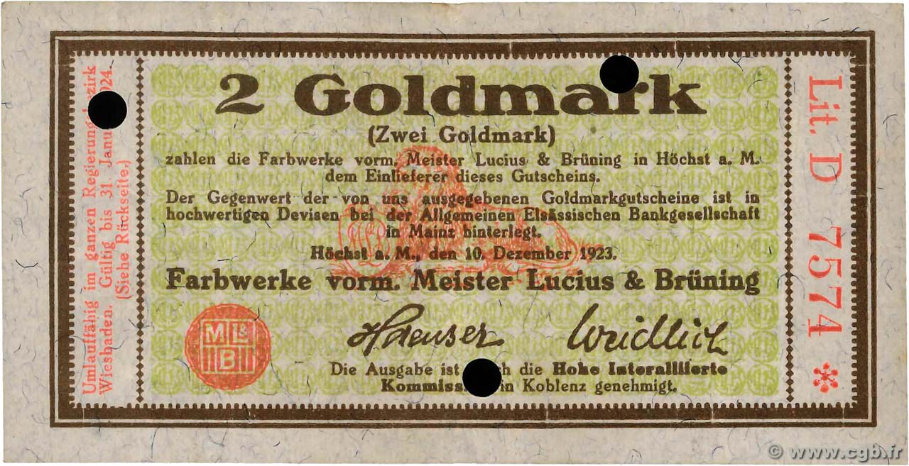 2 Goldmark GERMANY Hochst 1923 Mul.2525.10 XF