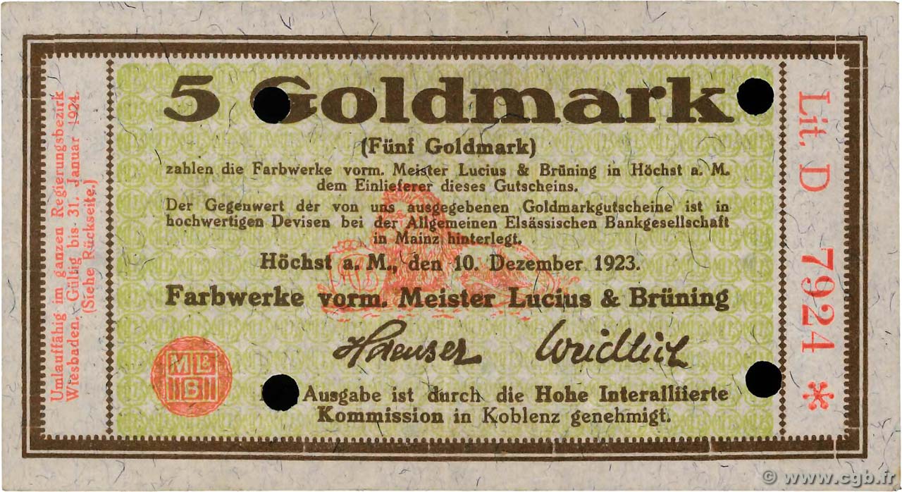 5 Goldmark ALLEMAGNE Hochst 1923 Mul.2525.11 SUP+
