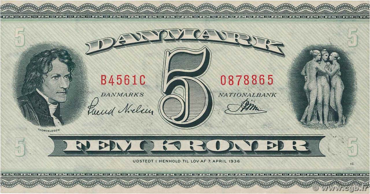 5 Kroner DENMARK  1956 P.042m XF
