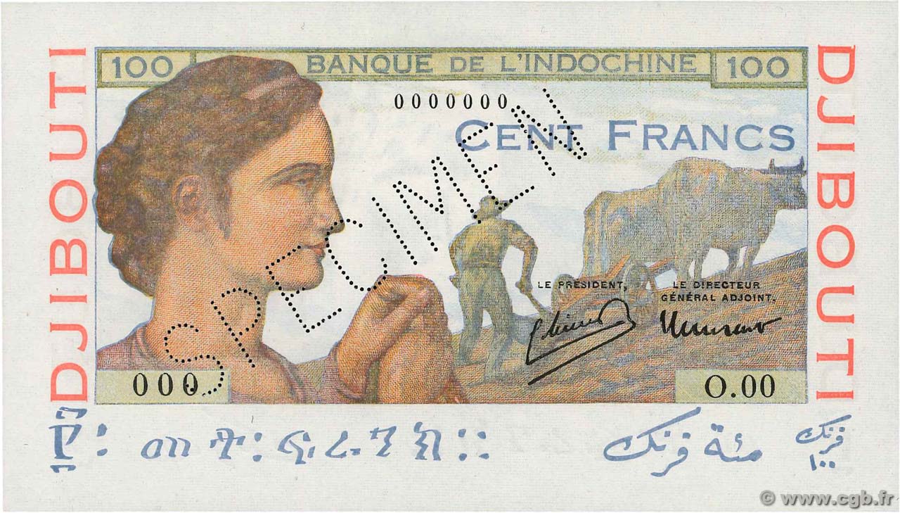 100 Francs Spécimen DSCHIBUTI   1946 P.19As fST+