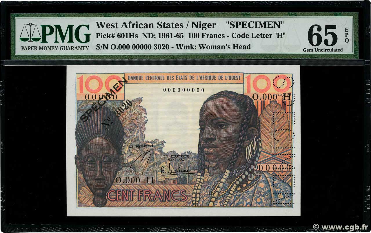 100 Francs Spécimen ÉTATS DE L AFRIQUE DE L OUEST  1965 P.601Hs pr.NEUF