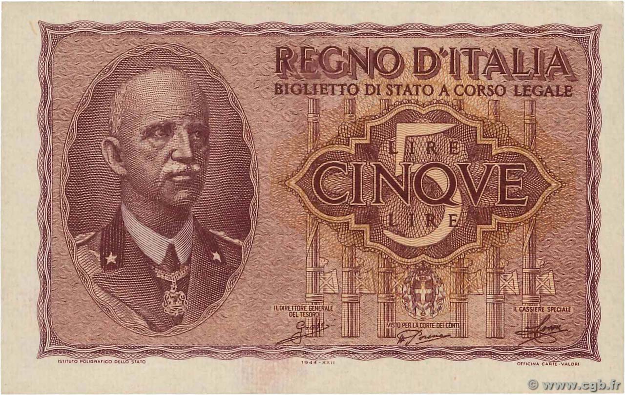 5 Lire ITALIA  1944 P.028 SC+