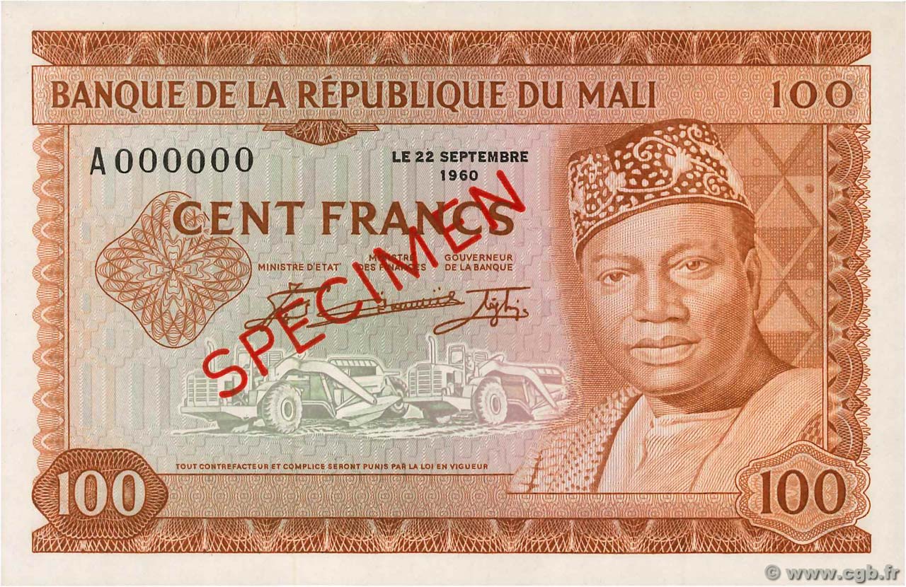 100 Francs Spécimen MALI  1960 P.07s pr.NEUF
