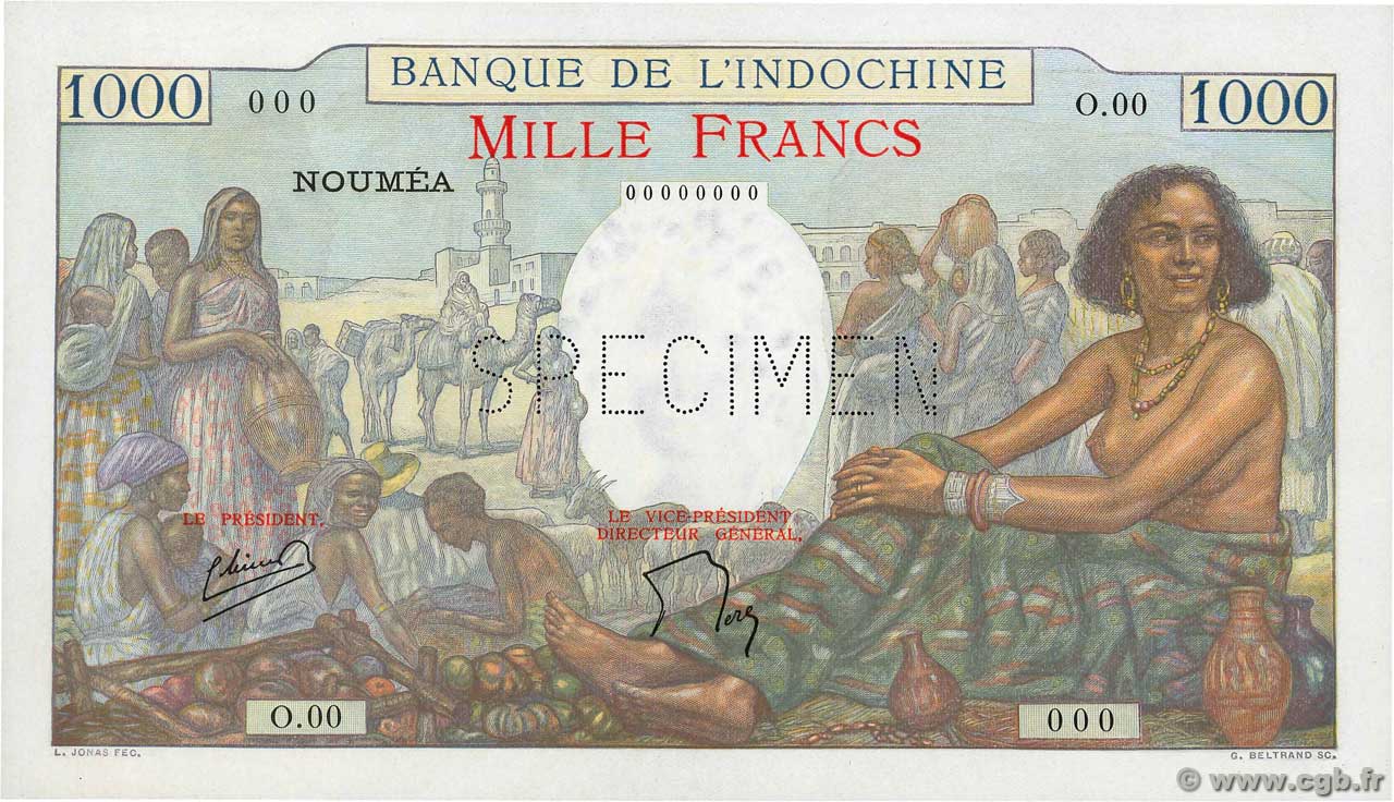 1000 Francs Spécimen NOUVELLE CALÉDONIE  1952 P.43cs UNC
