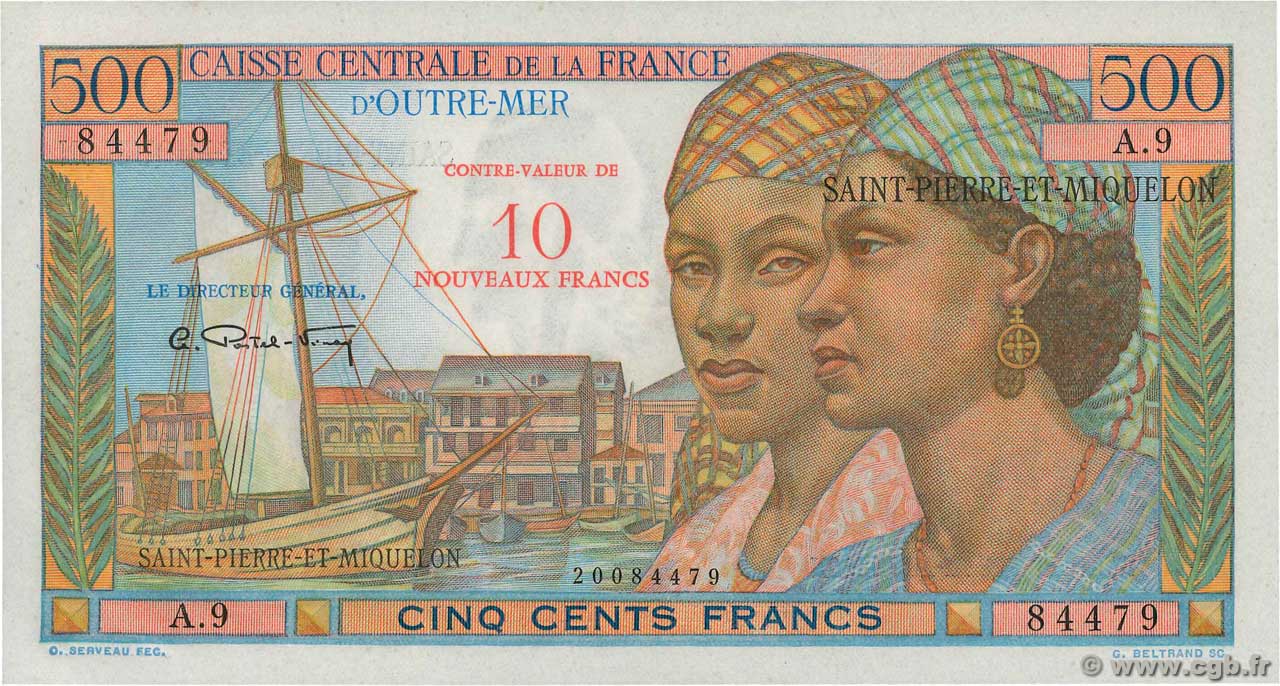10 NF sur 500 Francs Pointe à Pitre SAN PEDRO Y MIGUELóN  1964 P.33 FDC