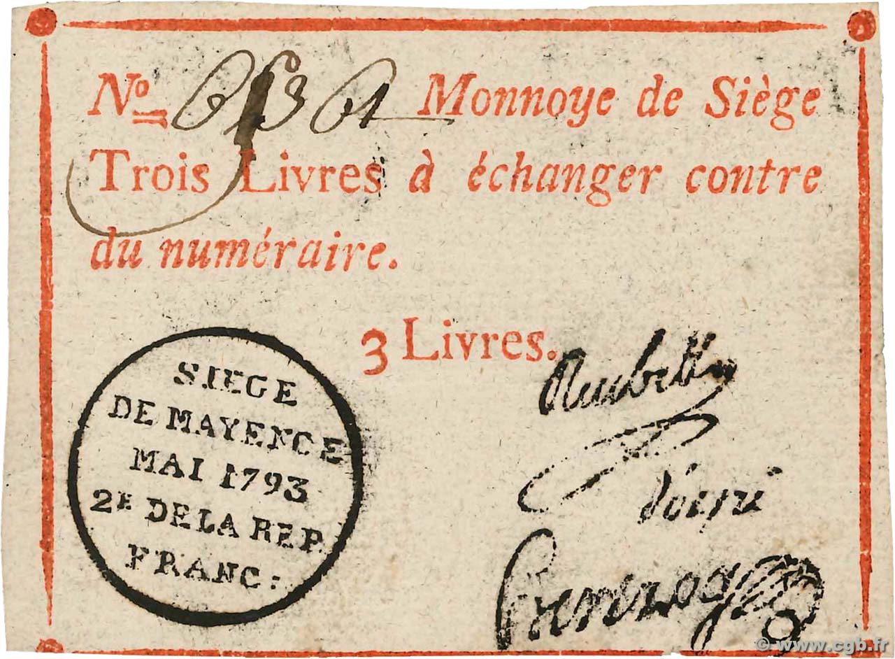 3 Livres FRANCE Regionalismus und verschiedenen Mayence 1793 Kol.029 VZ