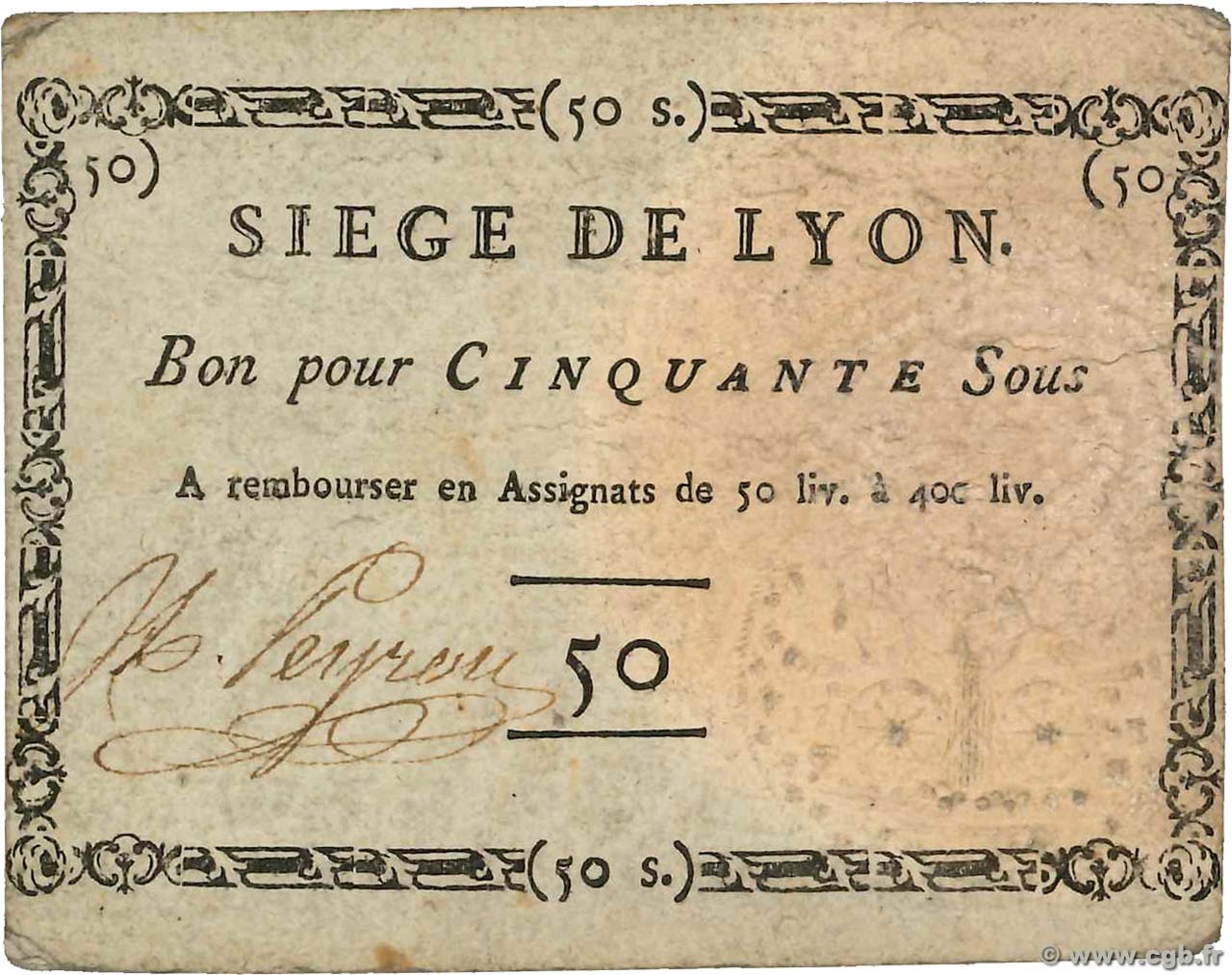 50 Sous FRANCE Regionalismus und verschiedenen Lyon 1793 Kol.137d fVZ