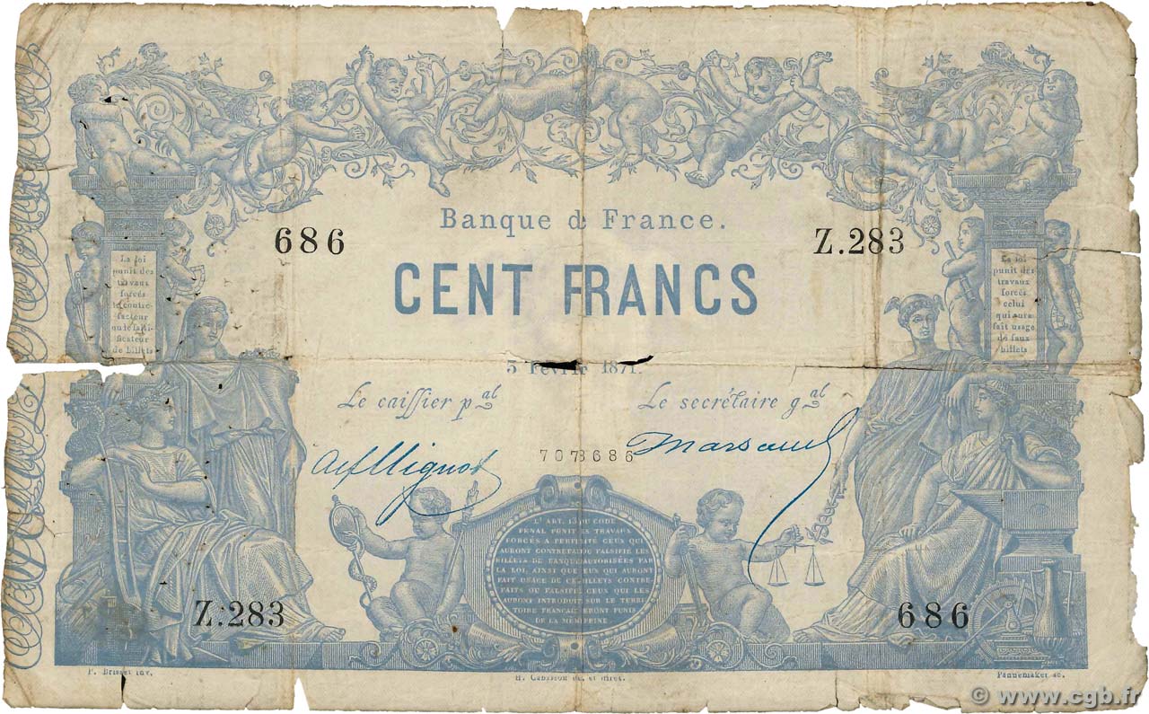 100 Francs type 1862 - Bleu à indices Noirs FRANKREICH  1871 F.A39.07 fSGE