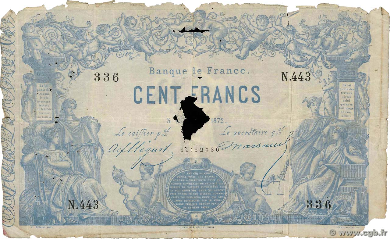 100 Francs type 1862 - Bleu à indices Noirs FRANCIA  1872 F.A39.08 MC