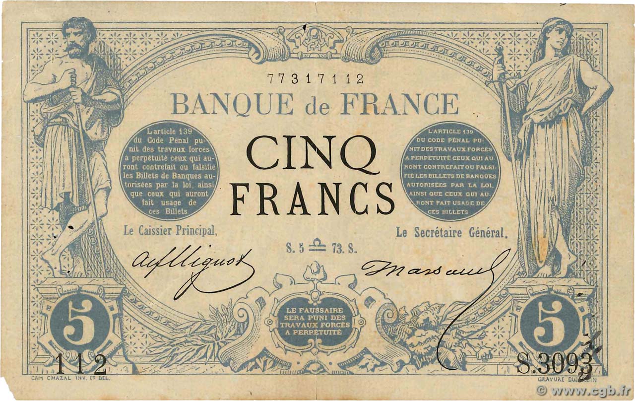 5 Francs NOIR FRANCIA  1873 F.01.22 MB