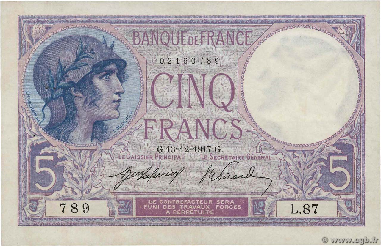 5 Francs FEMME CASQUÉE FRANCE  1917 F.03.01 VF