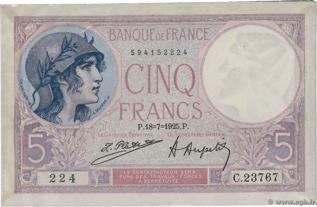 5 Francs FEMME CASQUÉE Publicitaire FRANCE  1925 F.03.09 AU-