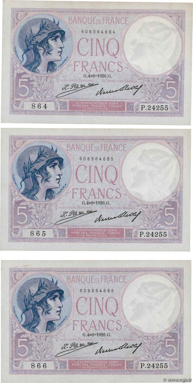 5 Francs FEMME CASQUÉE Consécutifs FRANCIA  1926 F.03.10 EBC