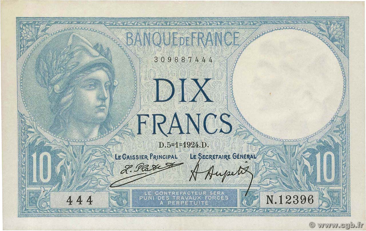 10 Francs MINERVE Numéro spécial FRANCE  1924 F.06.08 SUP