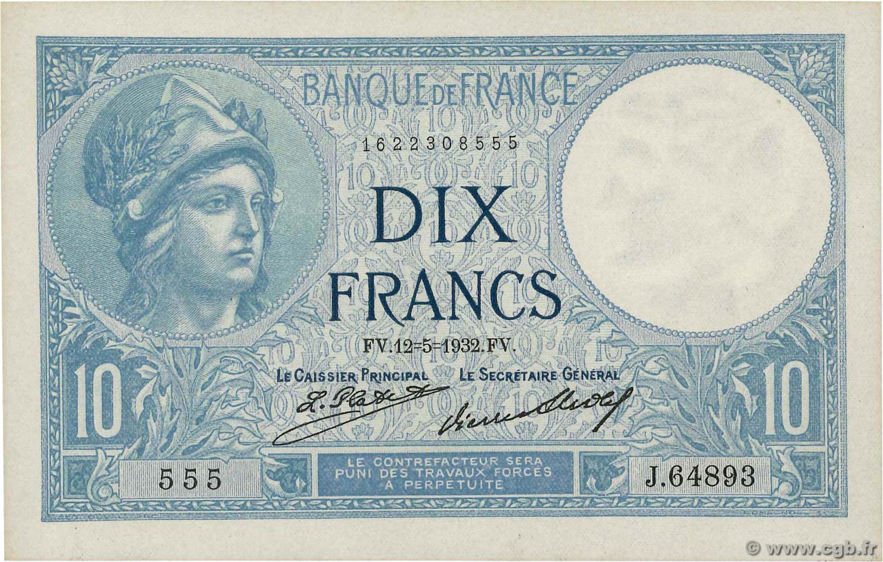 10 Francs MINERVE Numéro spécial FRANCIA  1932 F.06.16 q.AU