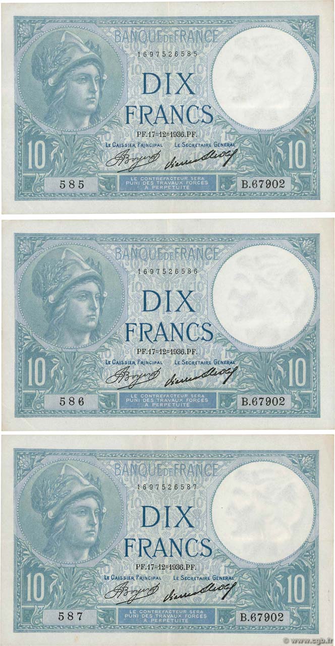 10 Francs MINERVE Consécutifs FRANCIA  1936 F.06.17 BB