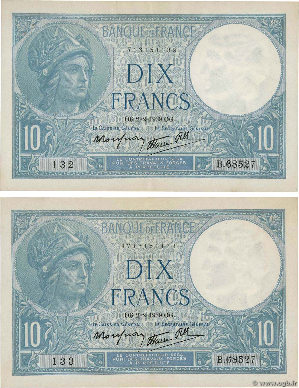 10 Francs MINERVE modifié Consécutifs FRANCE  1939 F.07.01 SUP
