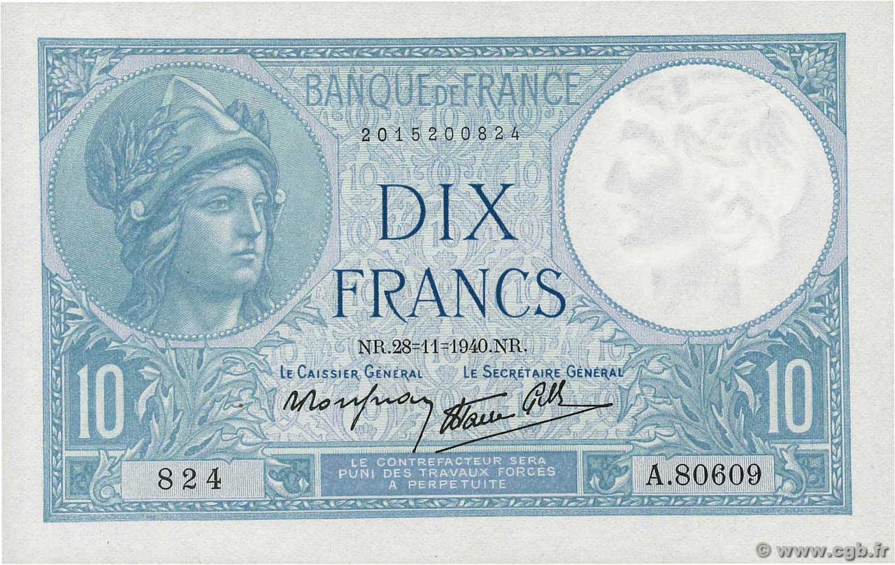 10 Francs MINERVE modifié FRANCIA  1940 F.07.22 SC+